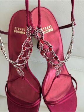 Stuart Weitzman LightShow Ruby Red Rhinestone Satin Lace-Up Sandals 10 US Women